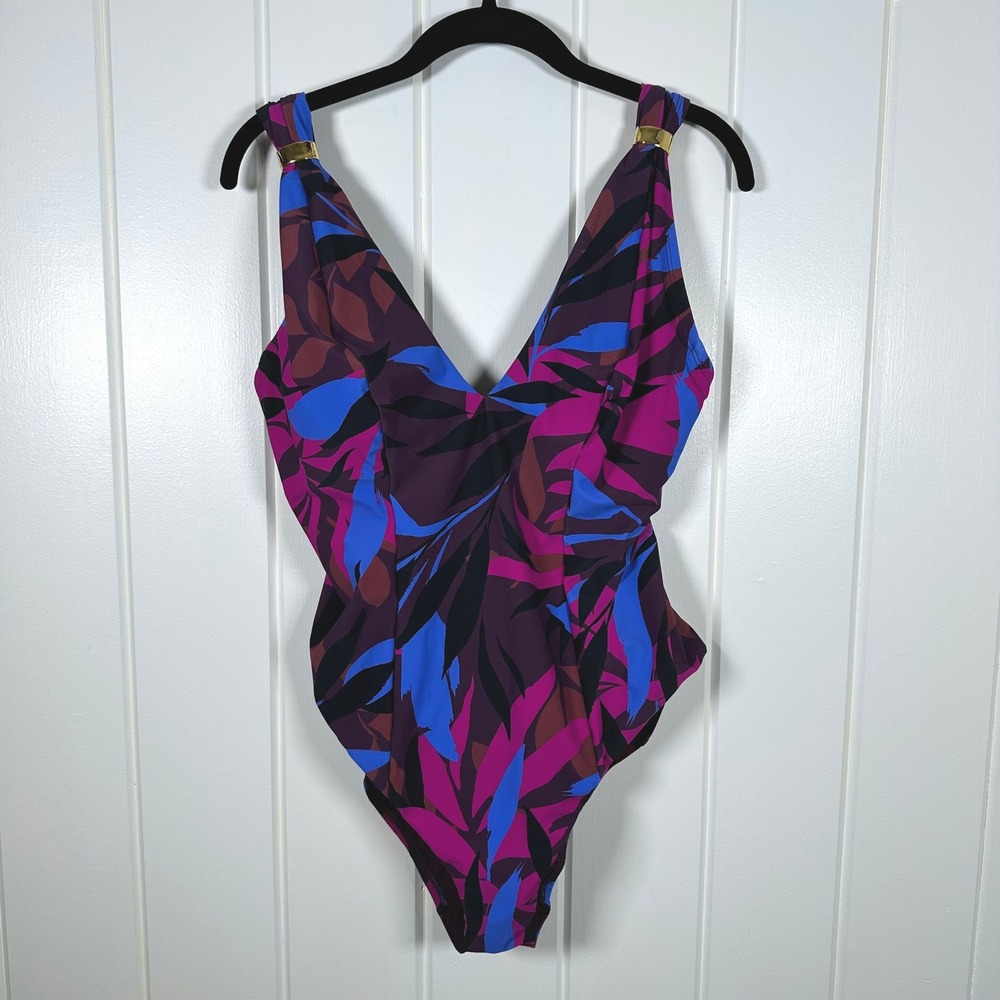 Amoressa One Piece Swimsuit 14 Purple Floral Rumba V-Neck Gold ToneHardware